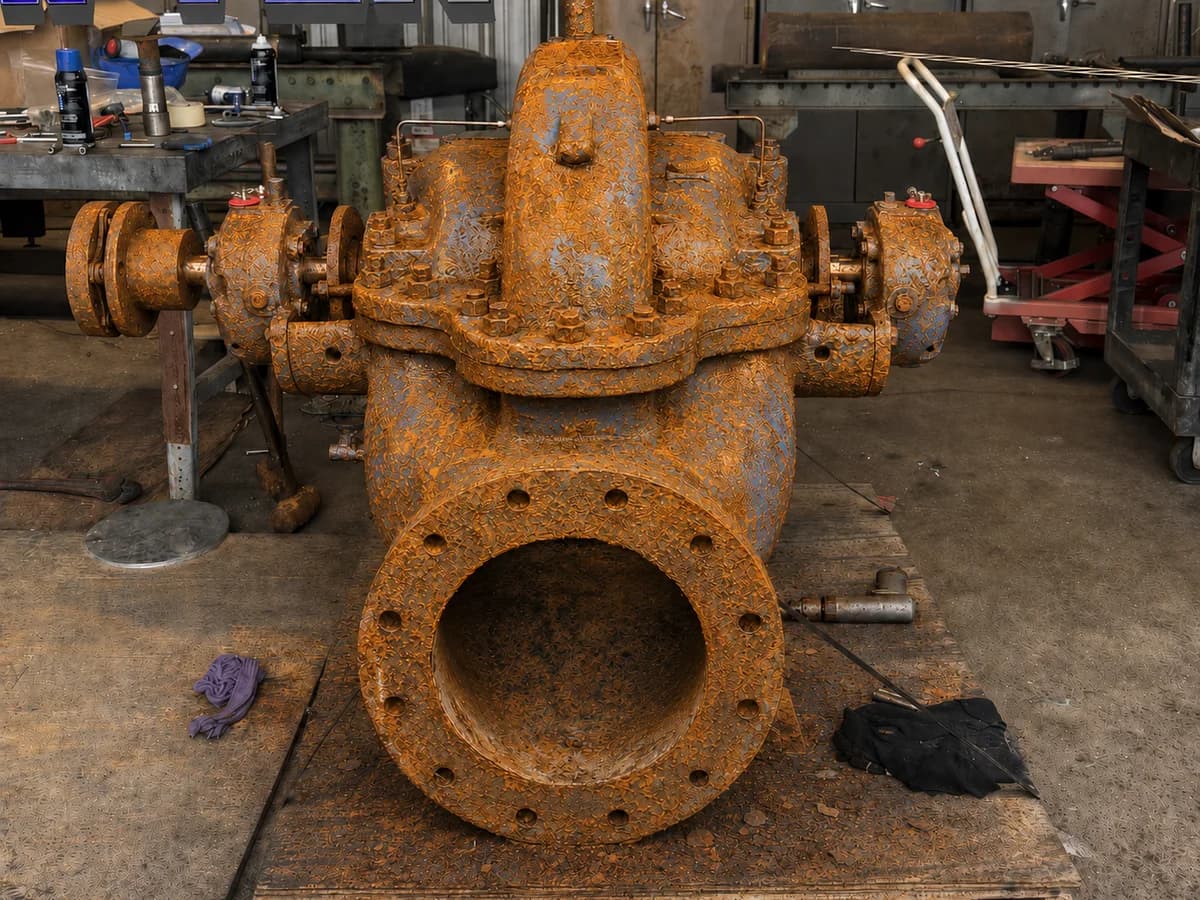 A split-case centrifugal pump as received on the shop pallet, the casing and suction flange covered in heavy orange rust with only traces of the old blue paint left.
